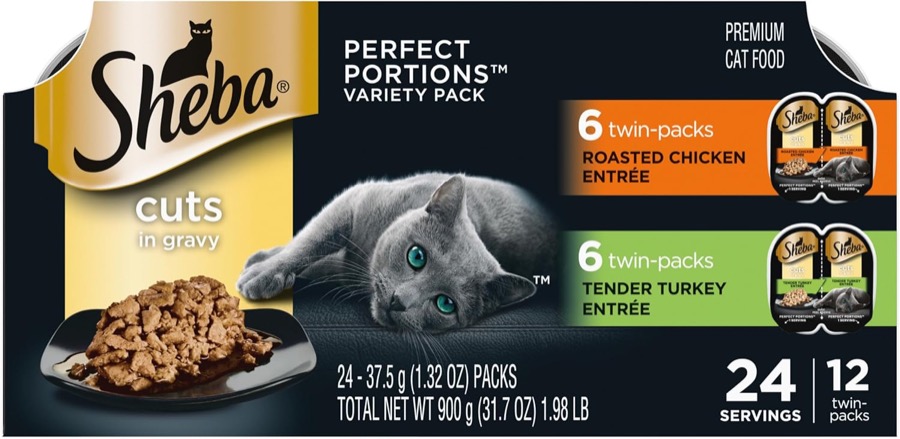 Sheba Perfect Portions Cuts Wet Cat Food, Multipack, 2.6 oz, 24 ct | Grain-free, Chicken, Salmon & Turkey flavors, protein-ri