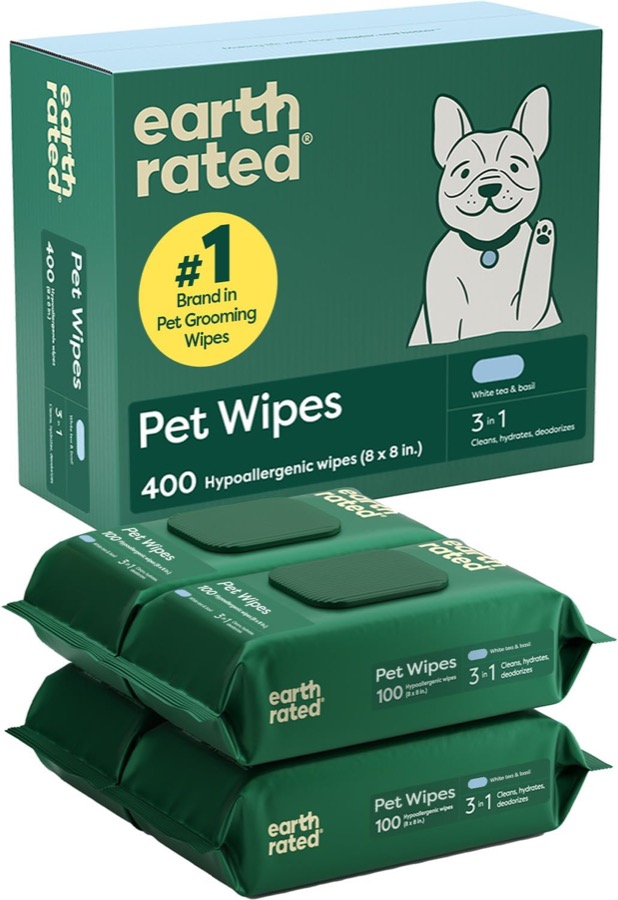 Earth Rated Dog Wipes for Paws & Butt, Deodorizing, Unscented, 100ct | Hypoallergenic, 3-in-1 Cleaning and Hydrating, for Gro